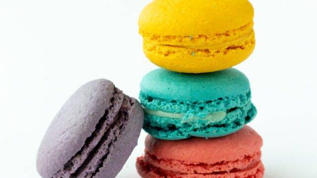 3 yellow pink and green macaroons
